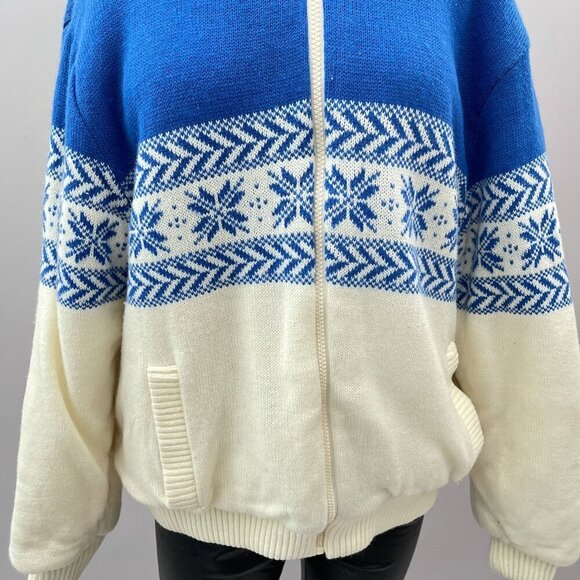 Vintage 70's Fingerhut Fashions Snow Flakes Blue & White Nordic Winter Jacket XL - Picture 3 of 9